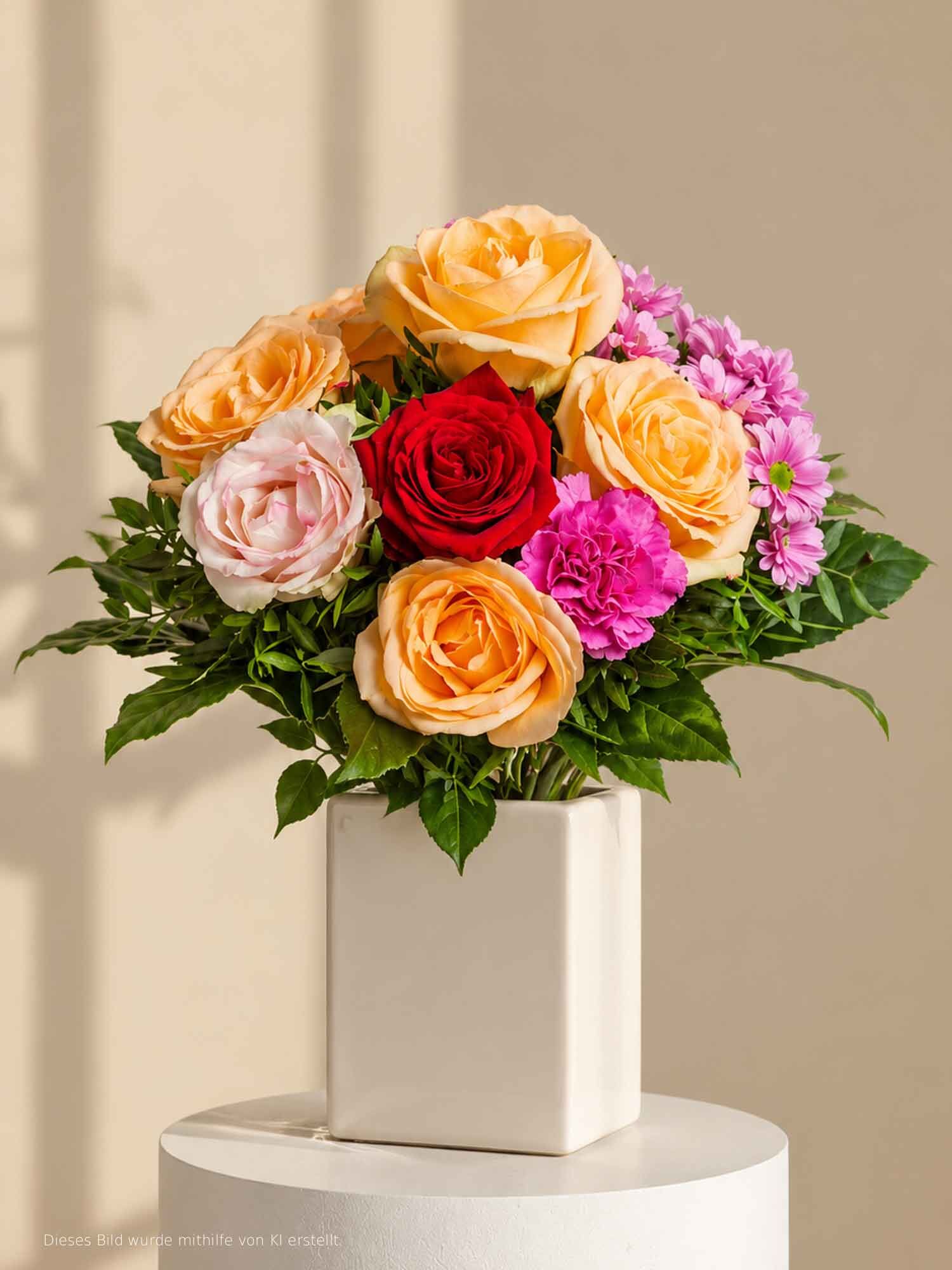 Blumenstrauß, Rosen, Pfingstrosen, Vase, bunte Blumen