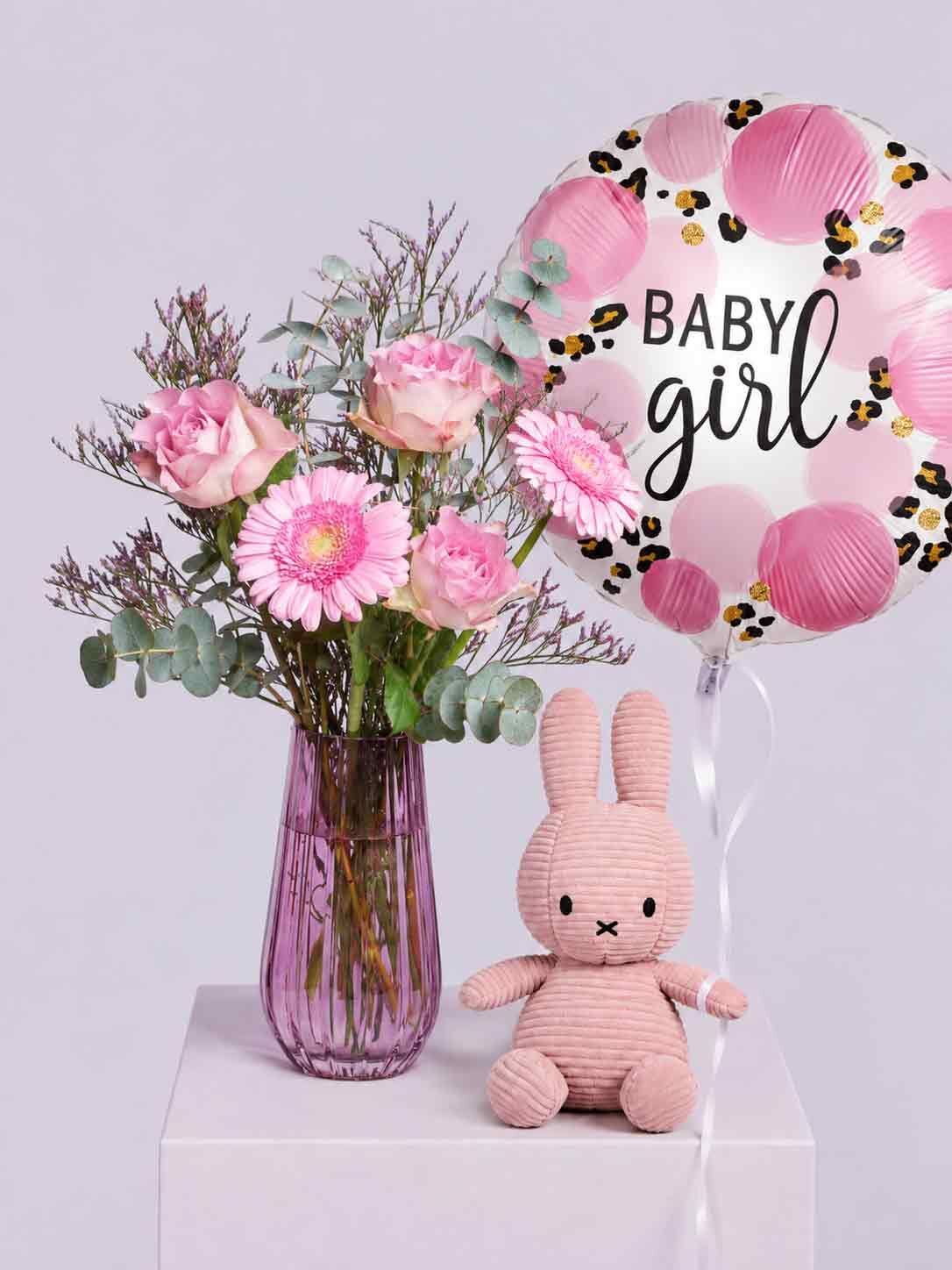 Baby-Mädchen, Blumen, Pink, Ballon, weiches Spielzeug