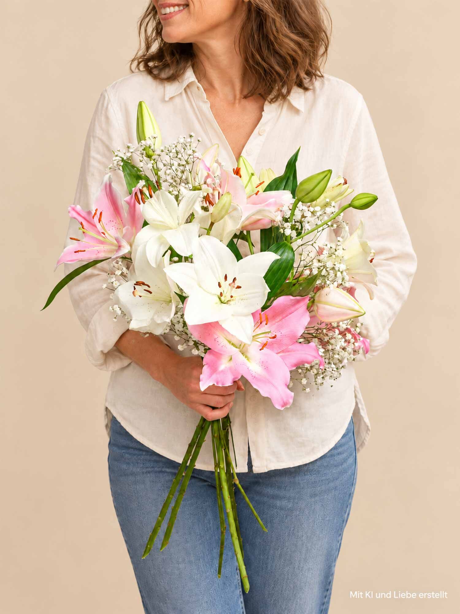 Blumenstrauß, rosa Lilien, weiße Lilien, Schleierkraut, frische Blumen