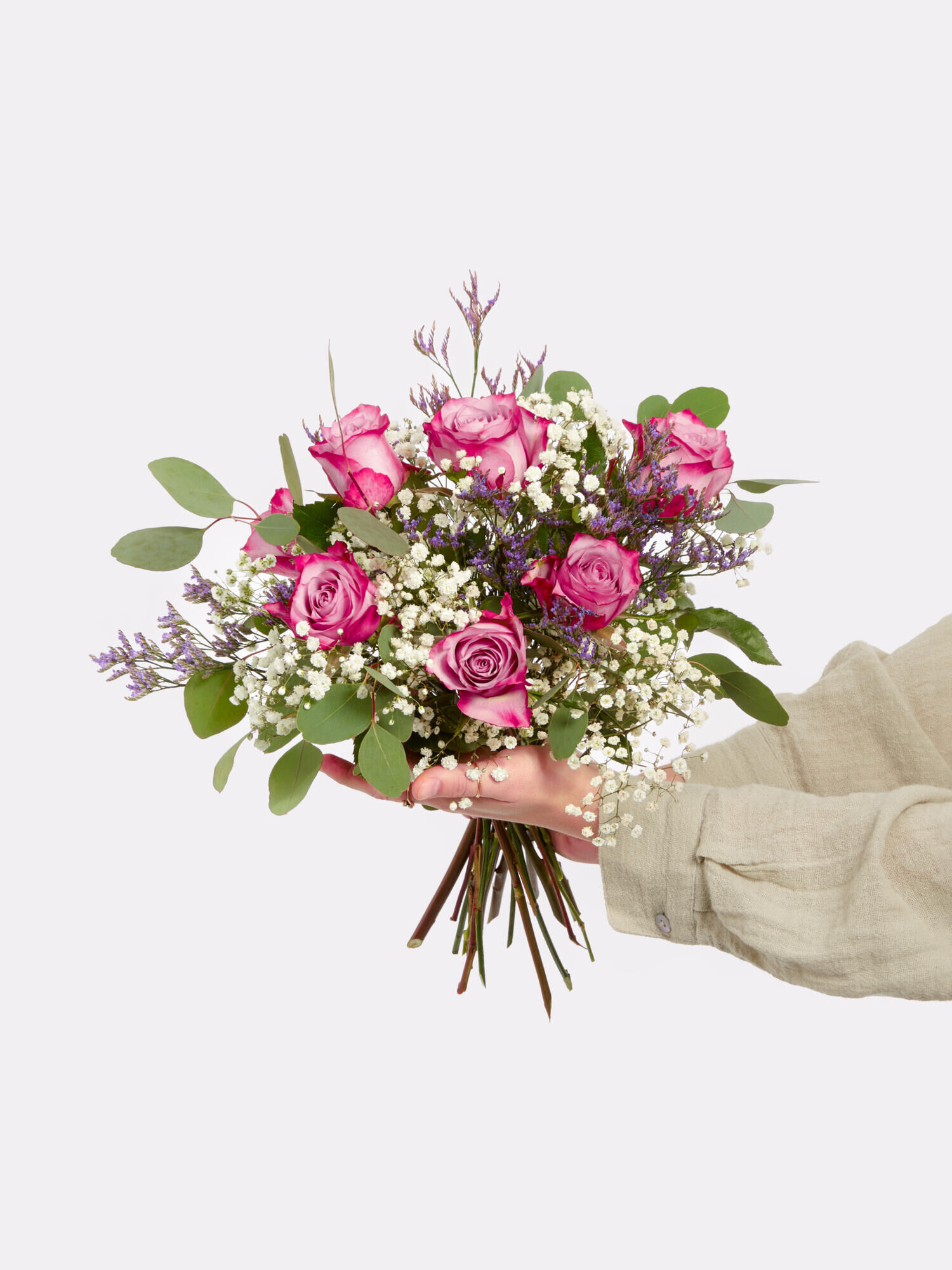 Blumenstrauß, rosa Rosen, Blumen, Baby-Breath, Grünpflanzen