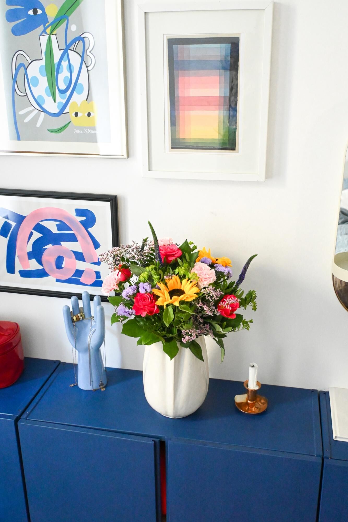 blumenstrauß, vasen, dekor, kunstdrucke, sideboard-dekoration