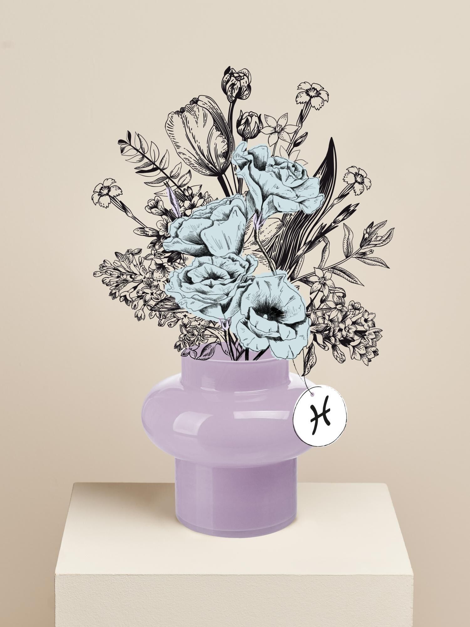 Blumenstrauß, blaue Blumen, lila Vase, Kunstdruck, Vasen-Dekor